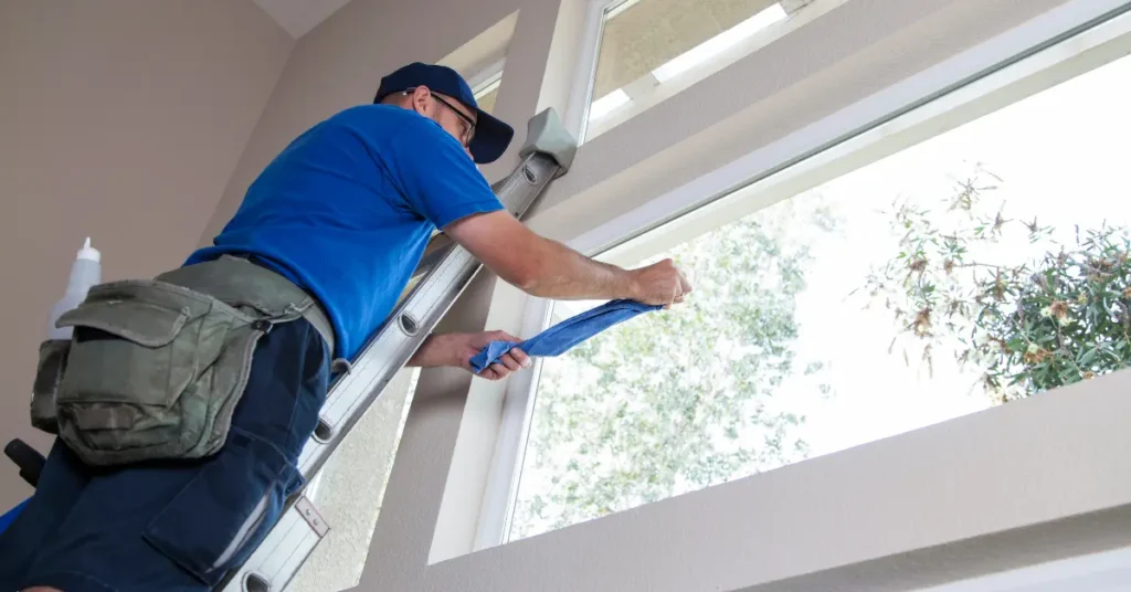 Professional glass cleaners wiping large home windows while standing on a ladder.