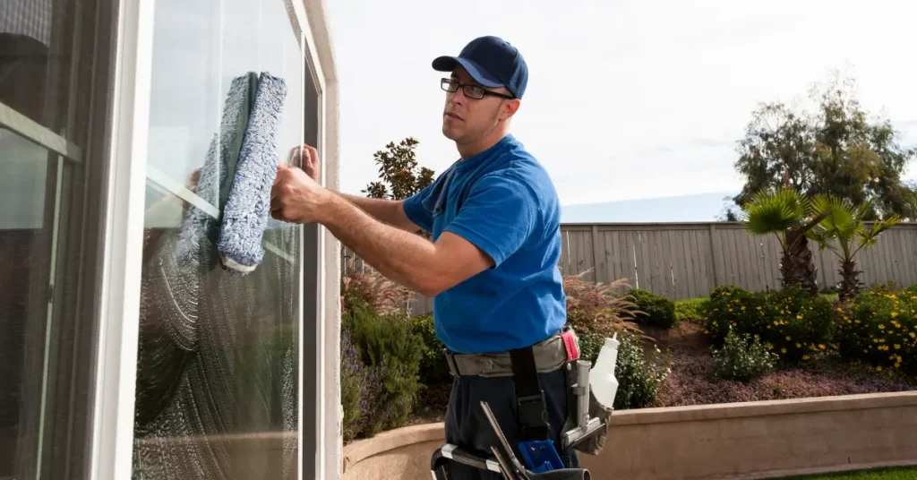 Professional window cleaners working on exterior glass of a home with cleaning gear and toolbelt.