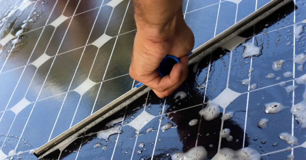 Solar panel cleaning services using a squeegee to remove soapy water from photovoltaic cells