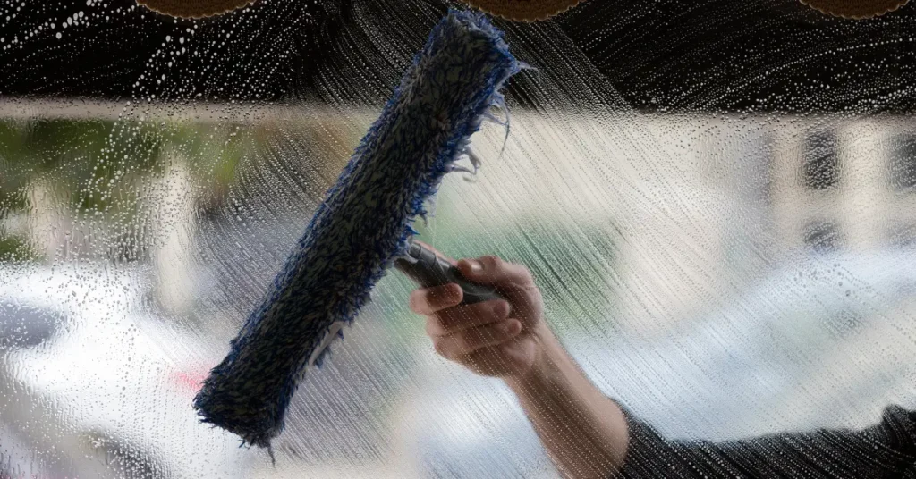 Window cleaning business employee scrubbing glass with a soapy blue mop tool.