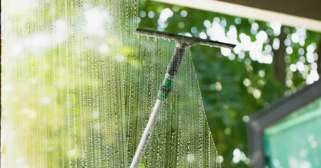Window cleaning company using long squeegee to wash exterior glass with water droplets