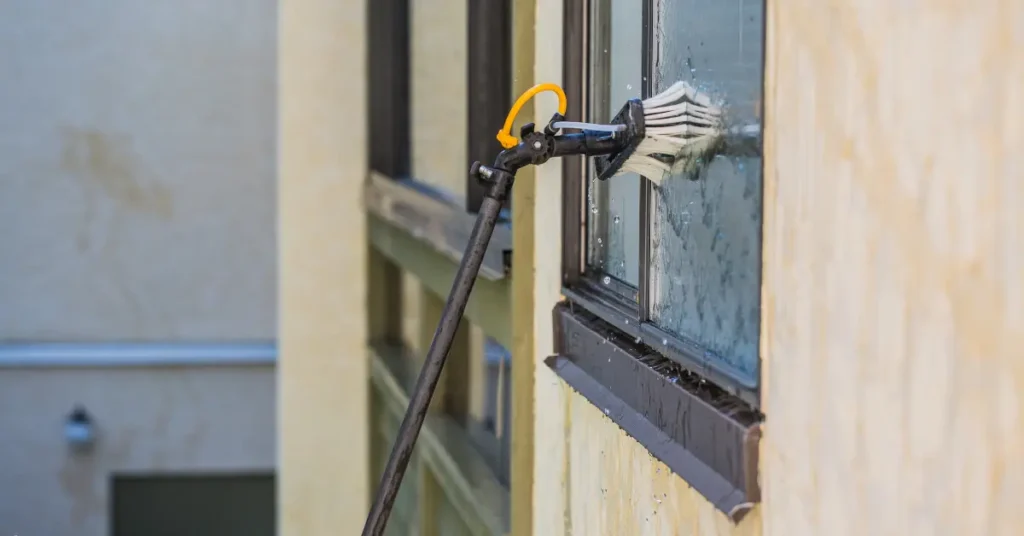 Window cleaning tools in action with a water-fed brush scrubbing upper-story apartment glass.