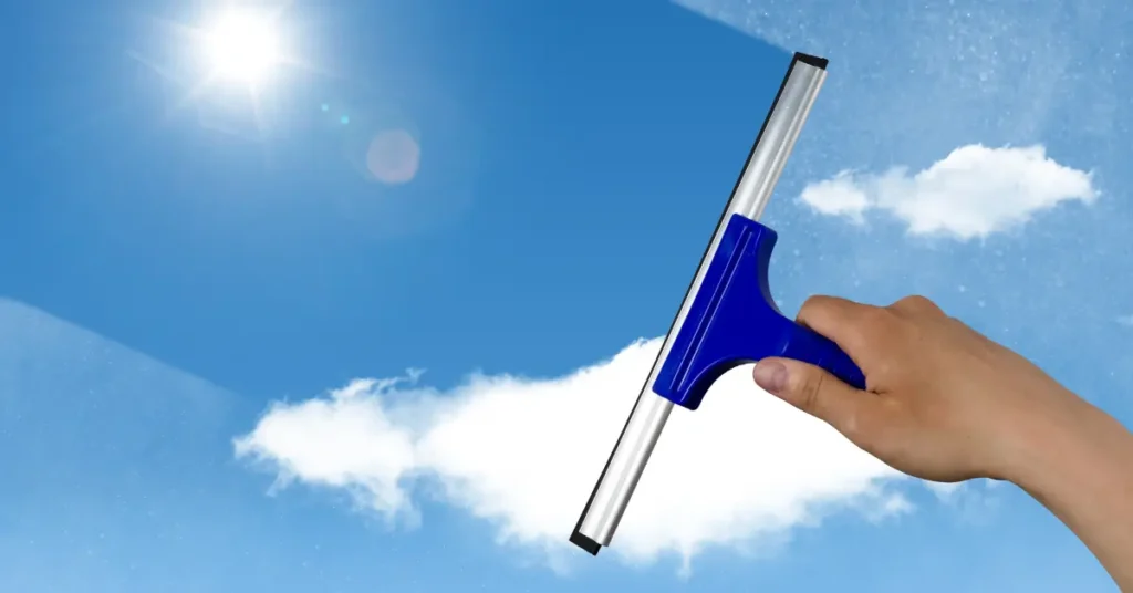 Pre-sale property deep cleaning shown with a squeegee clearing glass under bright sunlight.