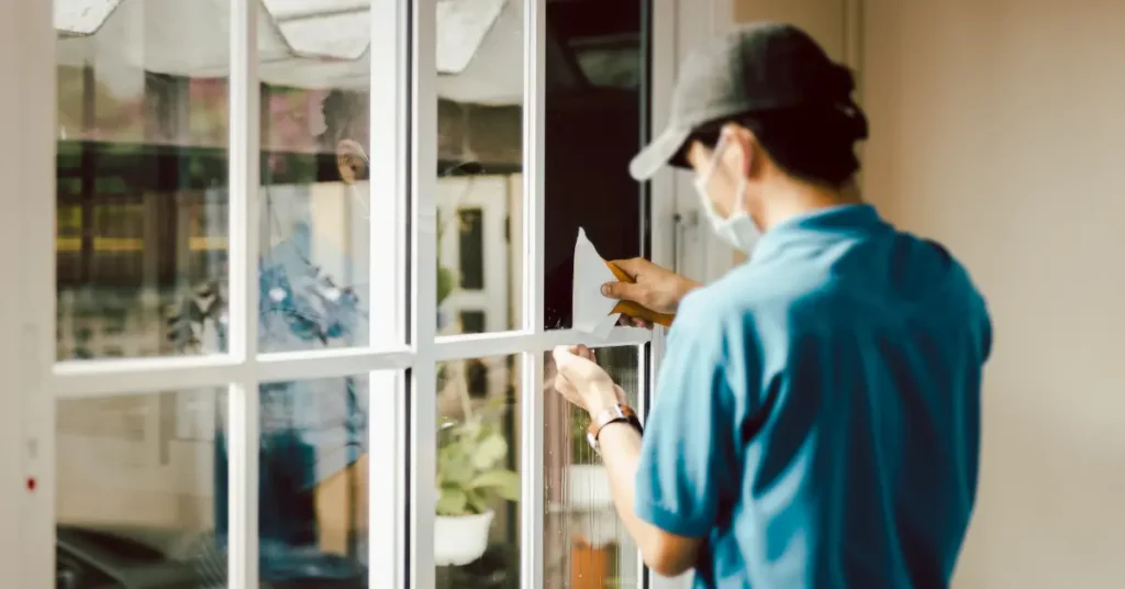Pro window cleaners polishing indoor glass panes with a cloth for a streak-free finish.
