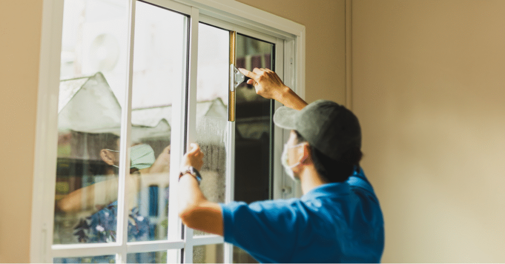 Property cleaning worker using a squeegee to wash a glass sliding window indoors.