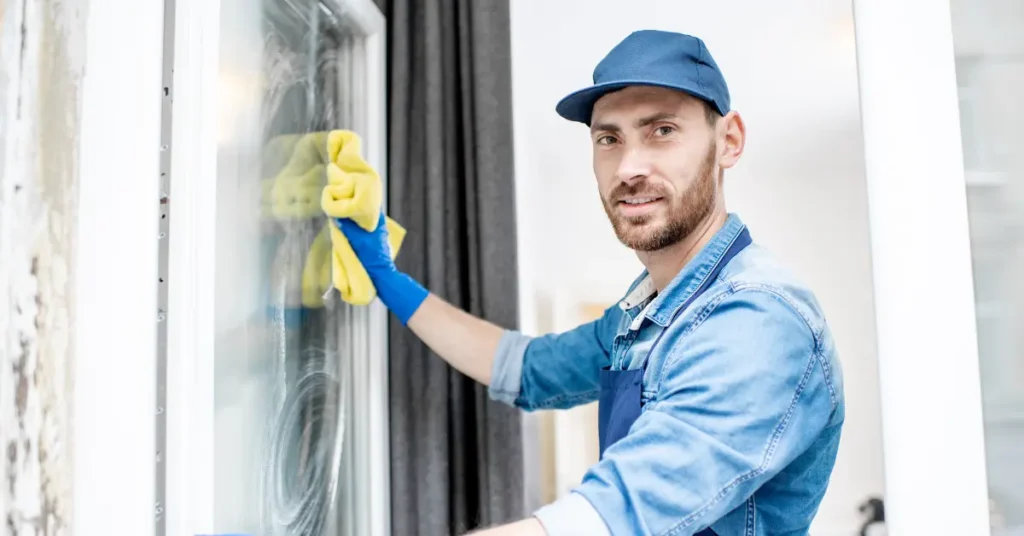 Residential window cleaning service technician wiping glass with a cloth while smiling at the camera.