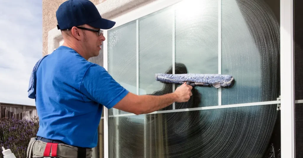 Window cleaning professional scrubbing a large glass window with a cleaning mop tool.