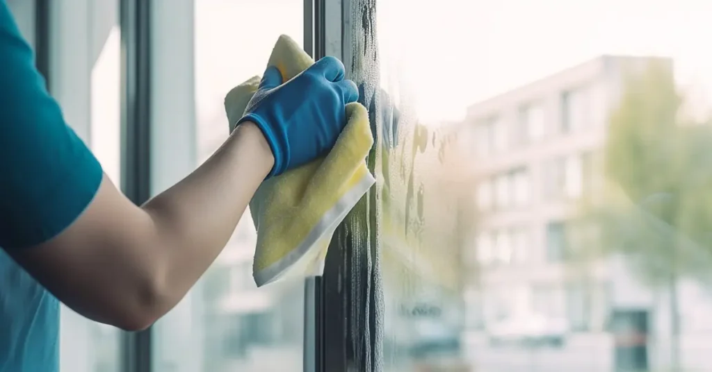 Window maintenance worker wiping glass with a yellow cloth and blue glove.