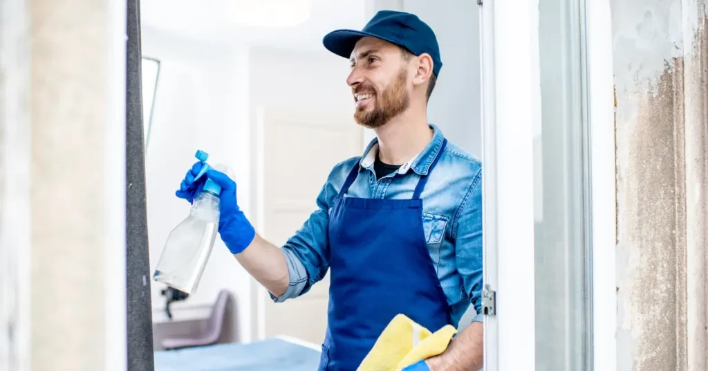 Interior and exterior window cleaning worker spraying solution and wiping a window from inside a modern home.
