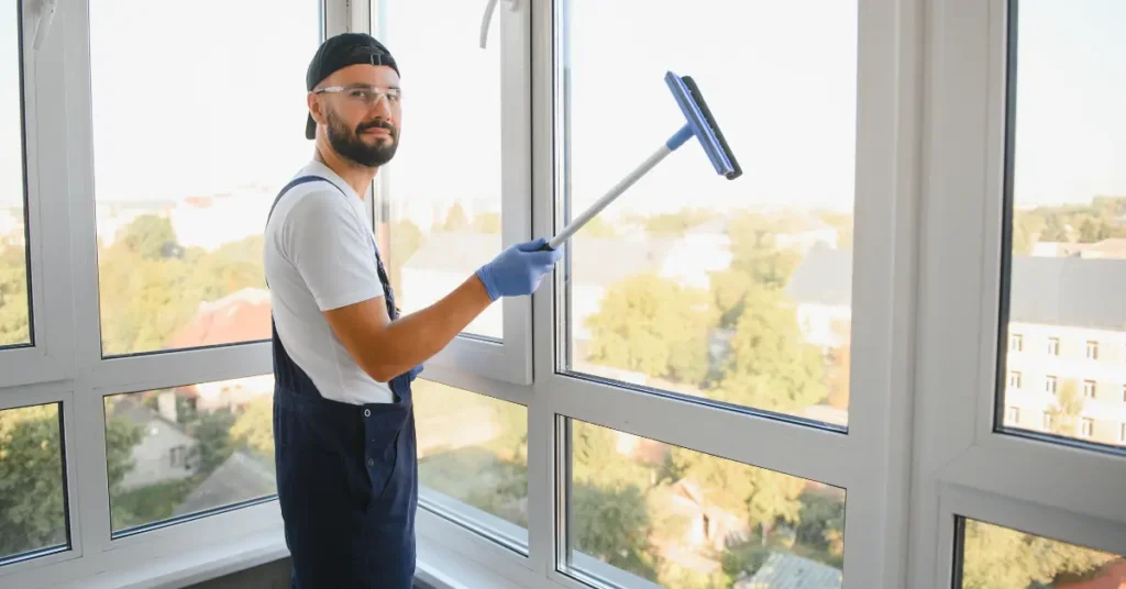 Window maintenance professional using a long-handled squeegee to clean tall residential windows.
