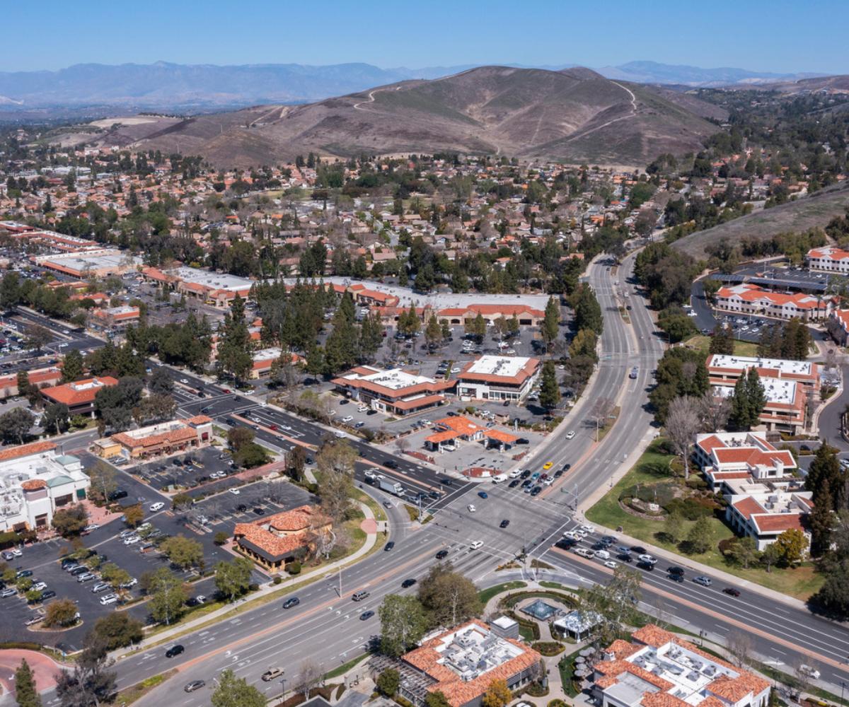 Aerial daytime view of the downtown area of Thousand Oaks, California, USA