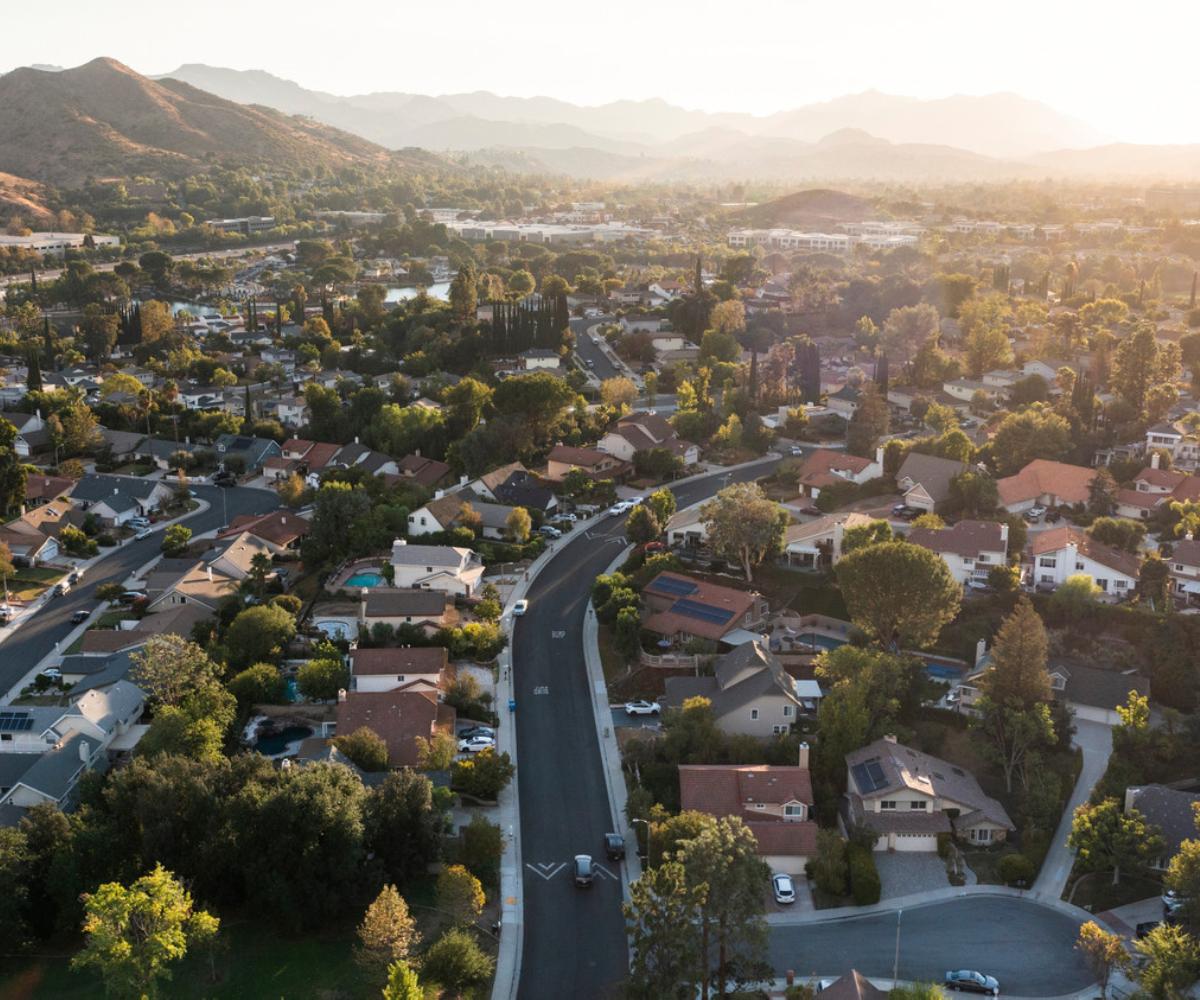 Sunset aerial view of single family housing in Agoura Hills, California, USA