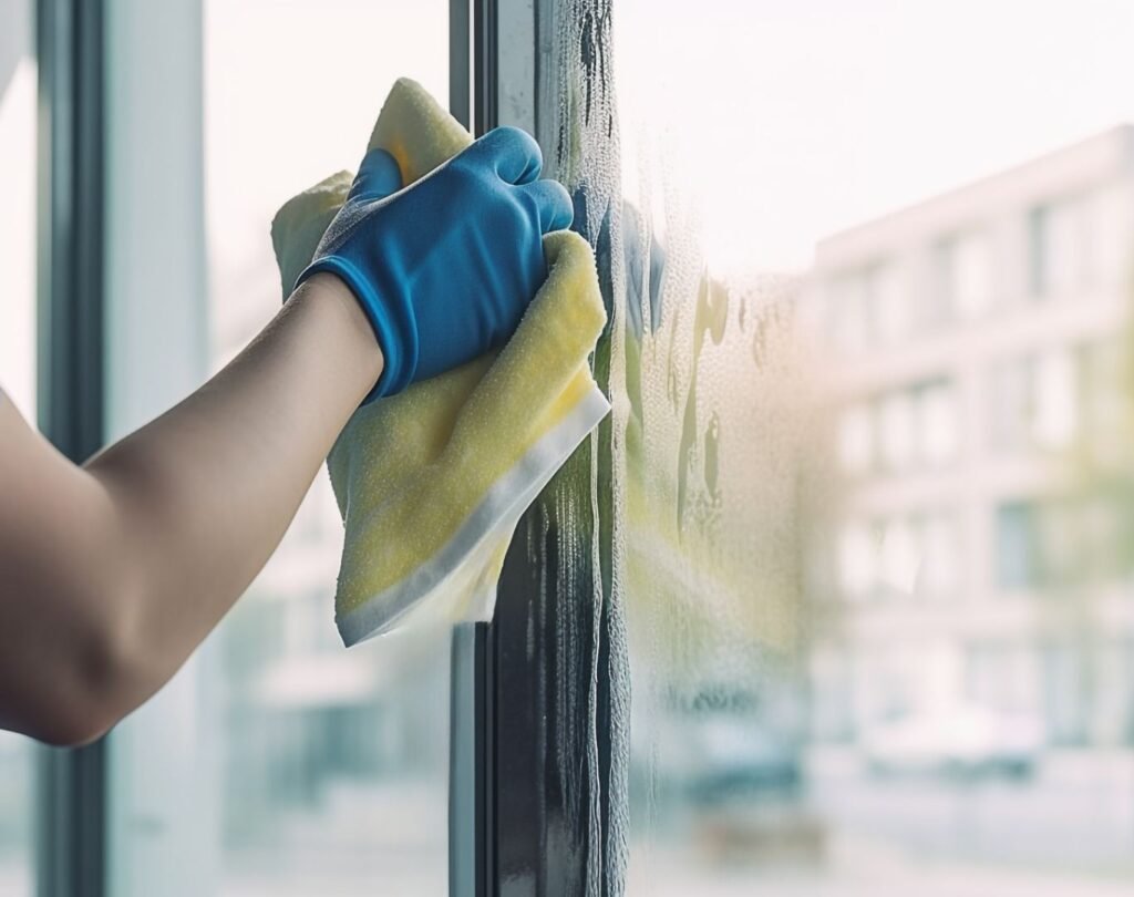 Window cleaning service worker wiping glass with yellow cloth and blue glove for a streak-free finish.