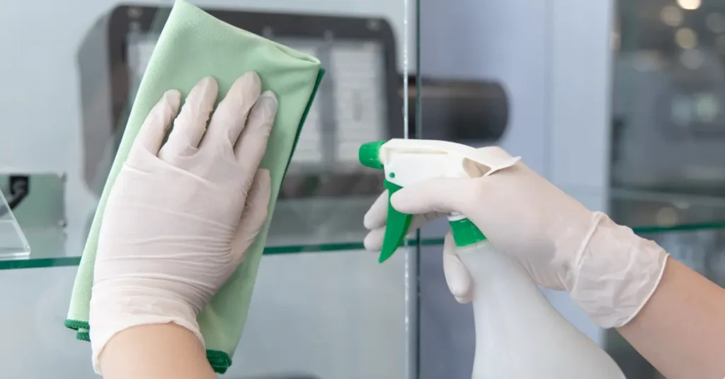Professional window cleaning using a spray bottle and microfiber cloth to clean a glass surface with gloved hands.