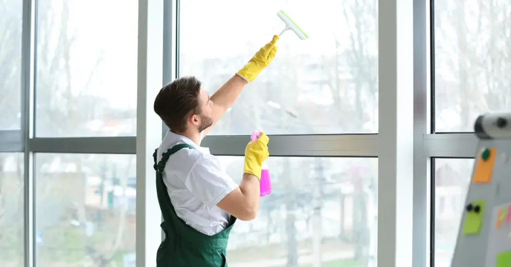Residential window maintenance being performed by a worker cleaning large glass panels with a squeegee and spray bottle.